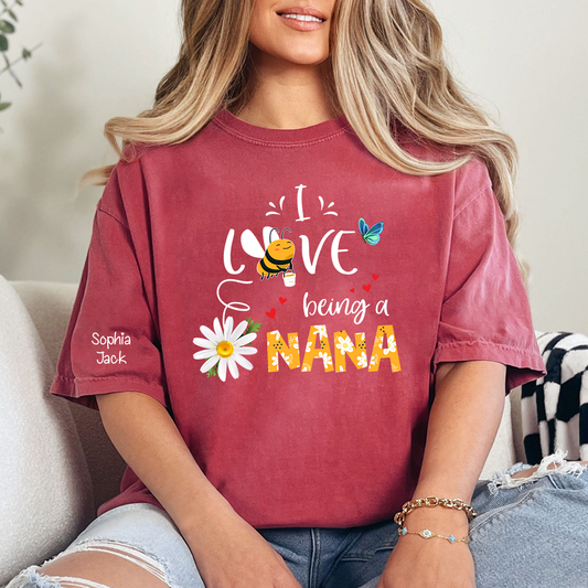 I Love Being a Nana Shirt with Daisy Bee Butterfly, Custom Kids Names T Shirt for Grandma, Cute Floral Nana Gift Top