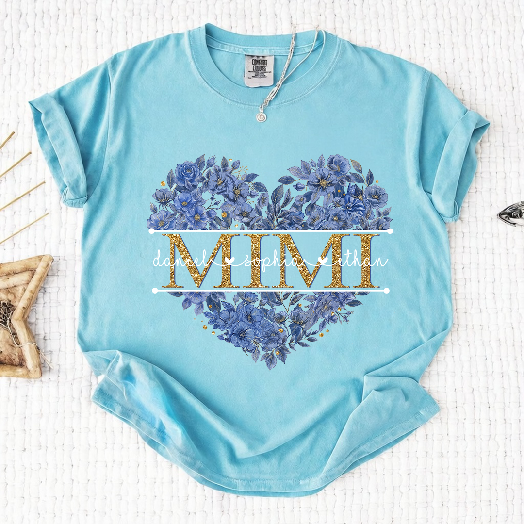 Comfort Personalized Mimi Shirt Blue Floral Heart Design Custom Grandma Nana Gigi Name Tee with Grandkids Names Elegant Family Outfit Gift for Her