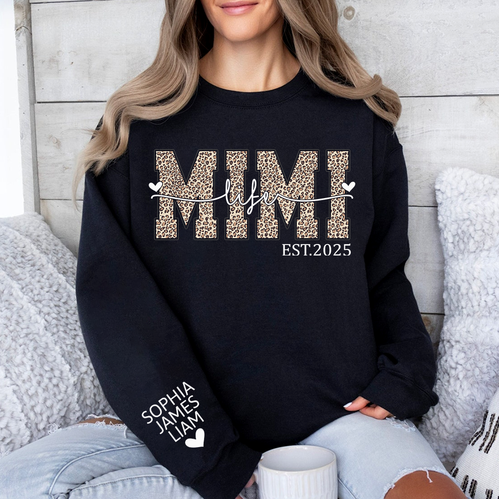 Mimi Life Leopard Sweatshirt, Personalized Grandma Est With Grandchildren Names