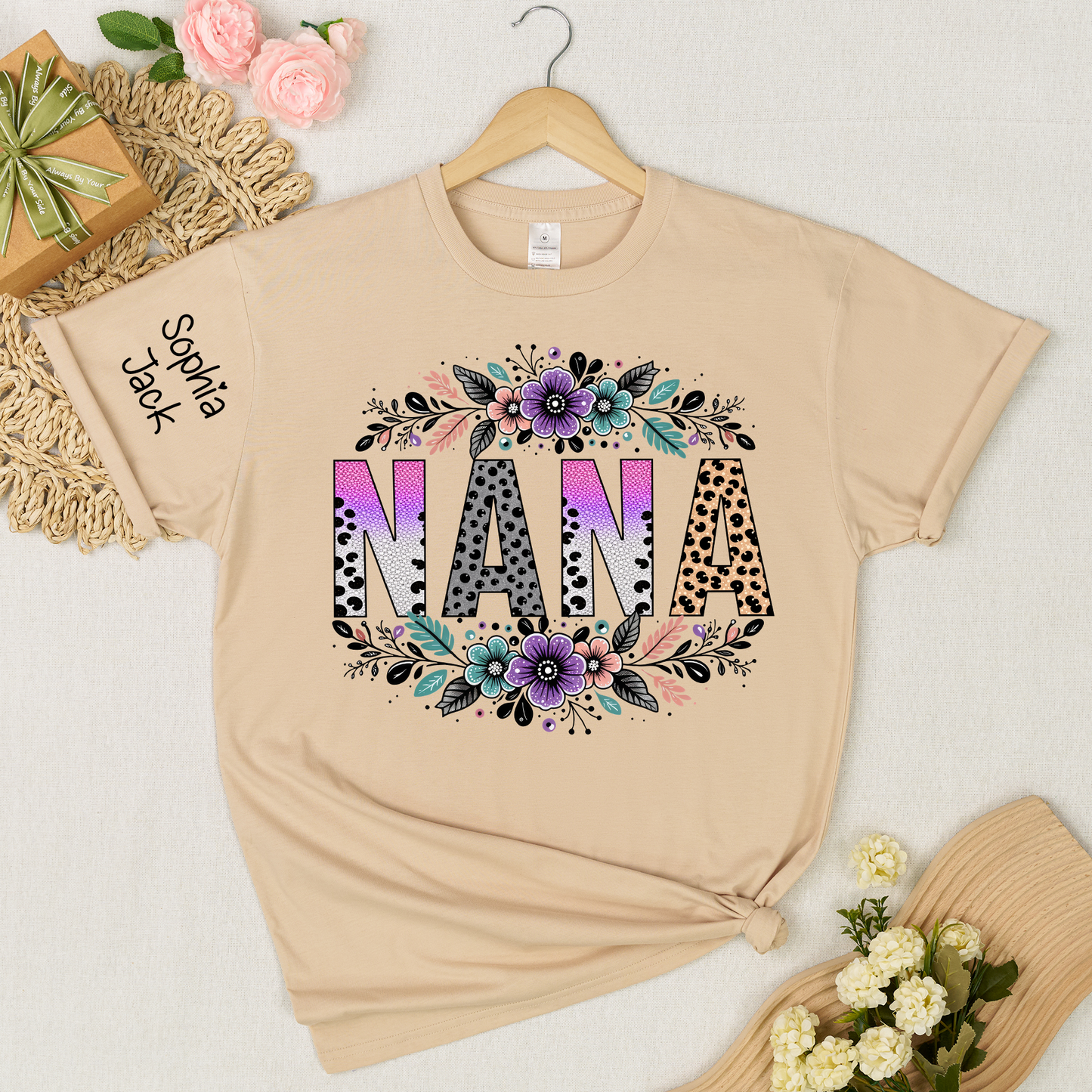 Personalized Floral Name Shirt - Custom Nickname with Floral Pattern for Nana, Mimi, Grandma, Gigi - Family Love Casual Tee
