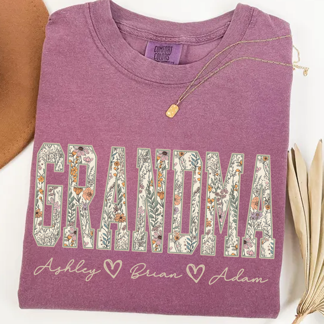 Comfort Colors® Personalized Grandma T-Shirt with Kids Names – Wildflower Letters Gift for Nana, Gigi, Mimi
