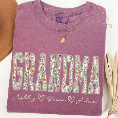 Comfort Colors® Personalized Grandma T-Shirt with Kids Names – Wildflower Letters Gift for Nana, Gigi, Mimi