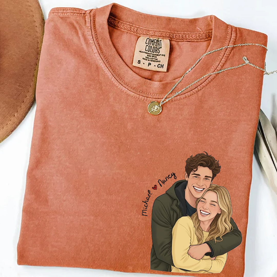Custom Cartoon Couple Portrait Comfort Colors Shirt, Personalized Photo Illustration T Shirt, Matching Couple Tee with Names, Cute Romantic Outfit for Couples