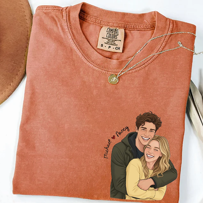 Custom Cartoon Couple Portrait Comfort Colors Shirt, Personalized Photo Illustration T Shirt, Matching Couple Tee with Names, Cute Romantic Outfit for Couples