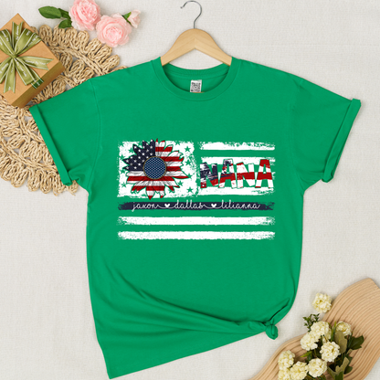 Personalized Nana Shirt with Grandkids Names, American Flag Sunflower Patriotic T-Shirt, Custom Grandma Gif