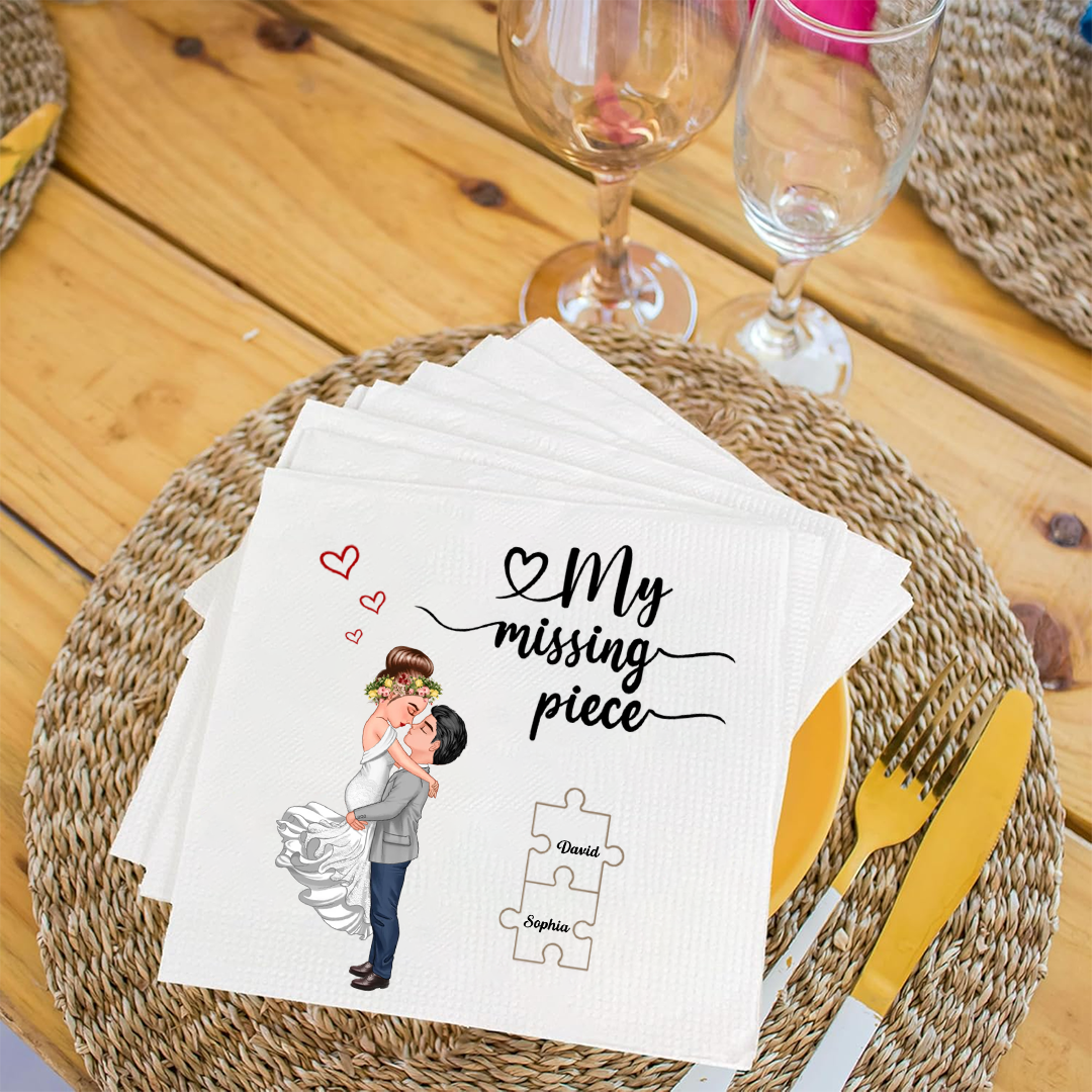 My Missing Piece Personalized Wedding Napkin – Custom Names Puzzle Design Napkinds