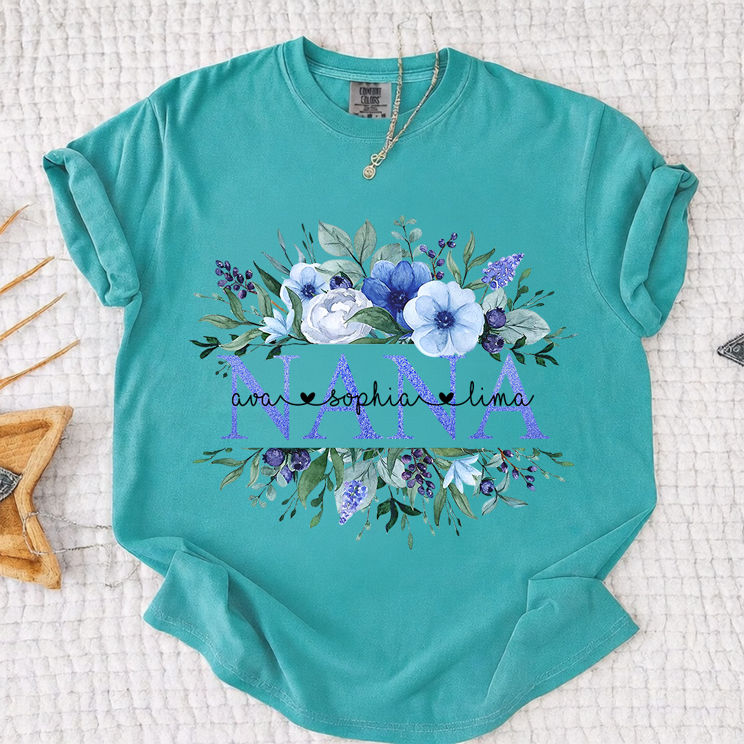 Comfort Colors Personalized Nana T-shirt with Custom Names, Floral Design, Customizable Gift for Nana