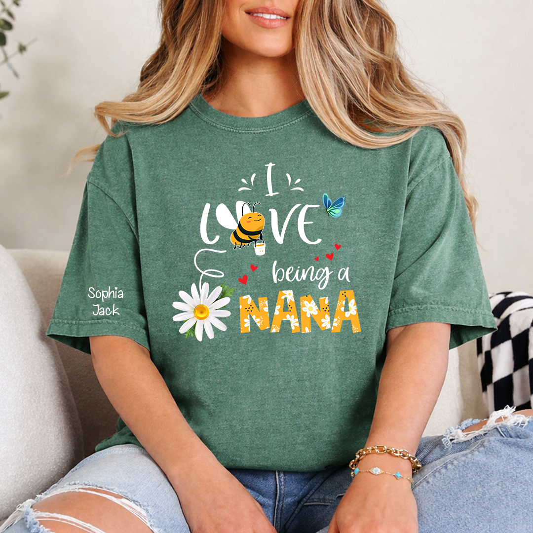 I Love Being a Nana Shirt with Daisy Bee Butterfly, Custom Kids Names T Shirt for Grandma, Cute Floral Nana Gift Top