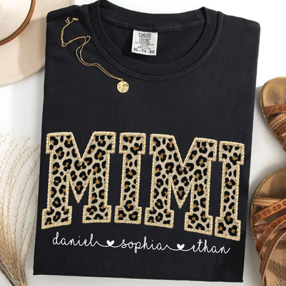 Personalized Gigi Shirt Leopard Print Patchwork Letter Design Custom Grandma Nana Mimi Name Tee Trendy Animal Pattern Family Outfit Gift for Women