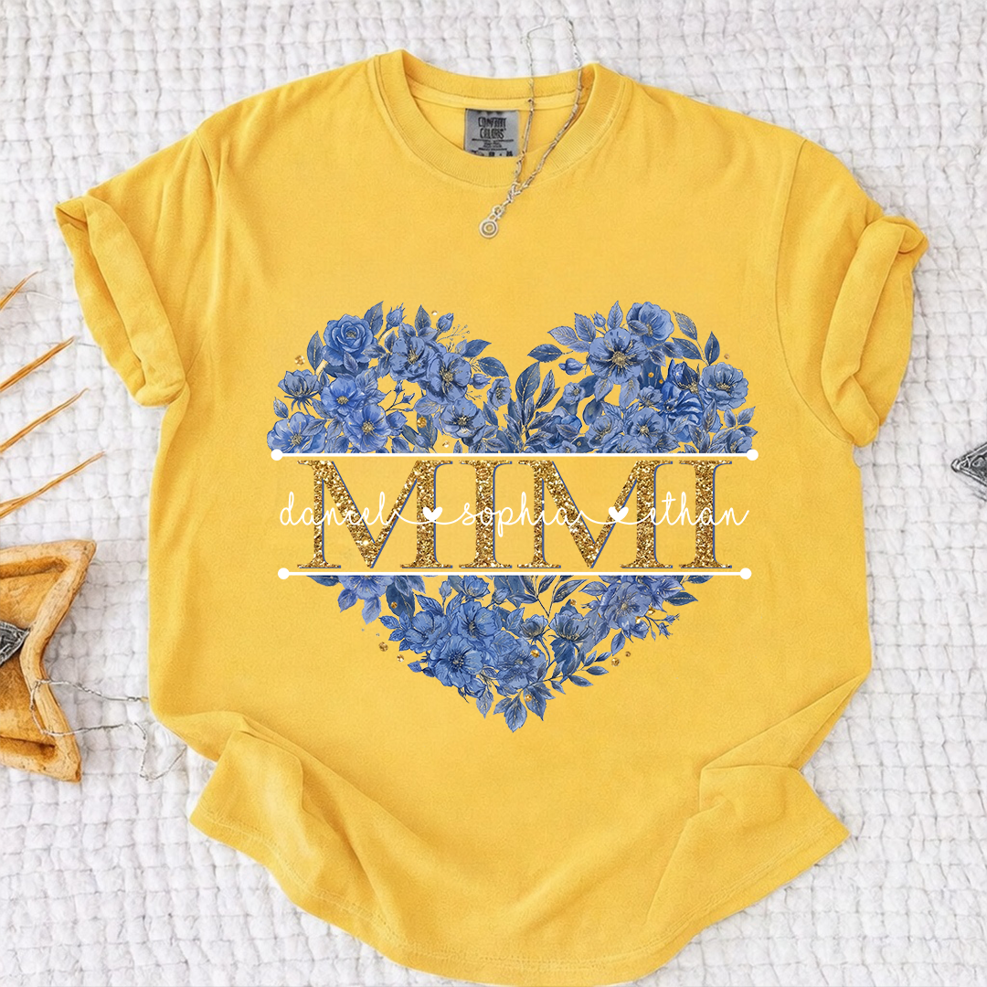 Comfort Personalized Mimi Shirt Blue Floral Heart Design Custom Grandma Nana Gigi Name Tee with Grandkids Names Elegant Family Outfit Gift for Her