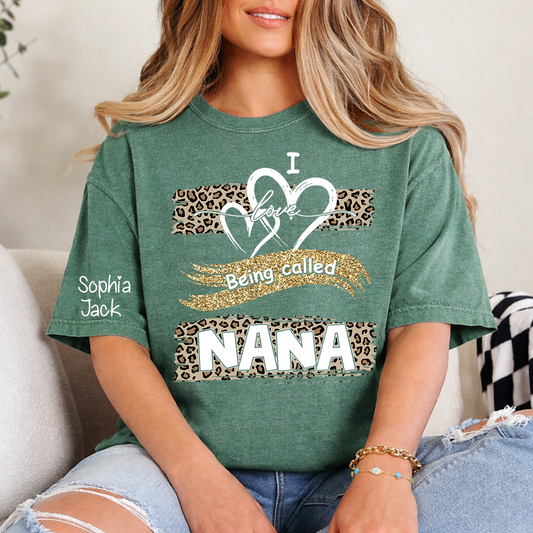 Personalized Nana Shirt Leopard Heart and Glitter Design Custom Grandma Mimi Gigi Name Tee I Love Being Called Nana Family Gift for Her