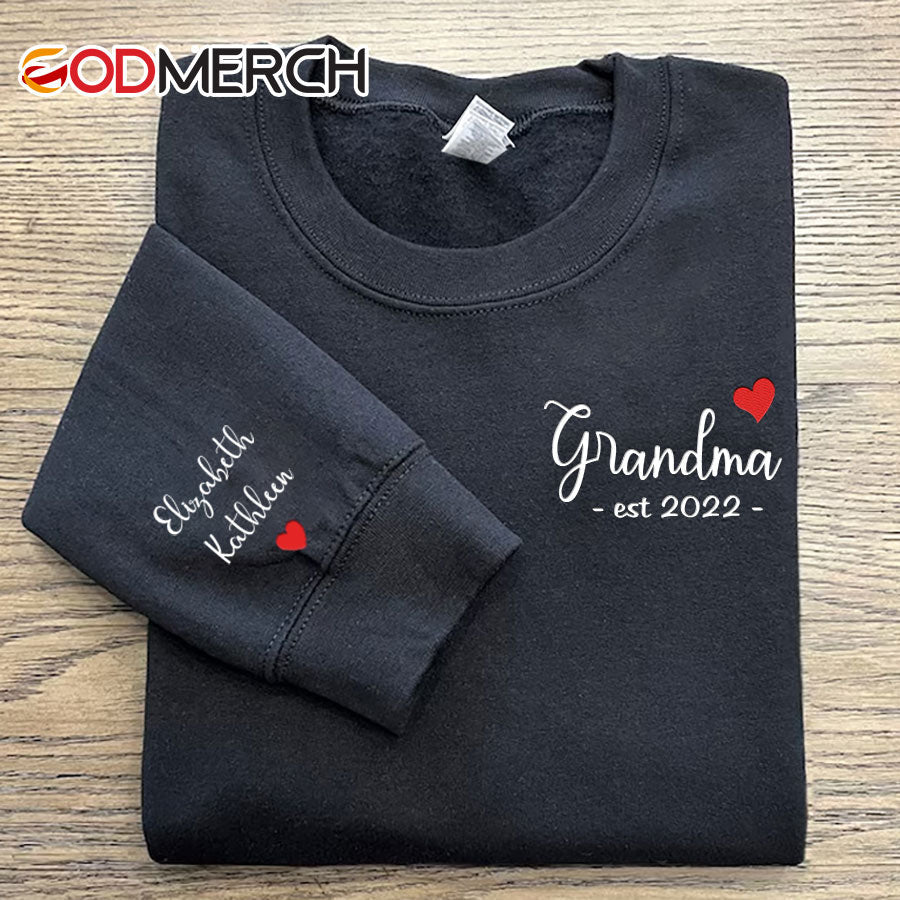Grandma Est Grandkids Heart Embroidered Sweatshirt