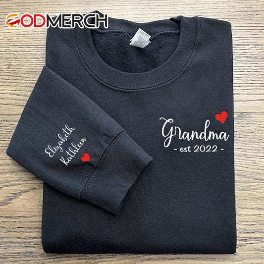 Grandma Est Grandkids Heart Embroidered Sweatshirt