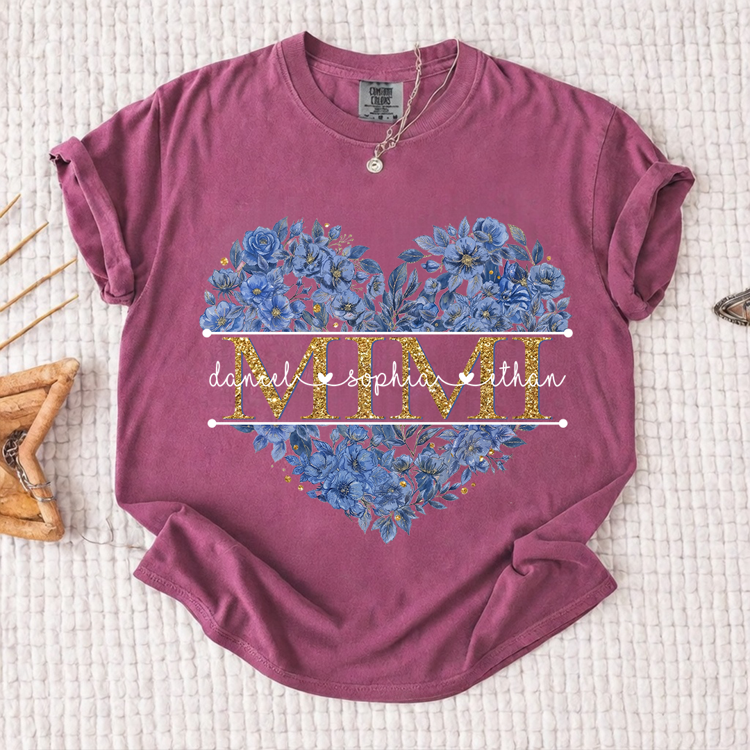 Comfort Personalized Mimi Shirt Blue Floral Heart Design Custom Grandma Nana Gigi Name Tee with Grandkids Names Elegant Family Outfit Gift for Her