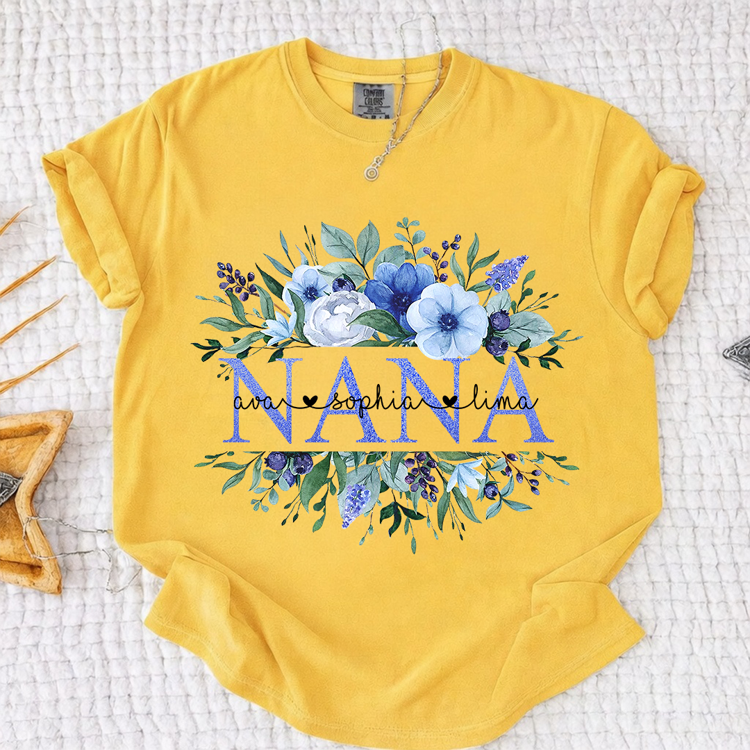 Comfort Colors Personalized Nana T-shirt with Custom Names, Floral Design, Customizable Gift for Nana