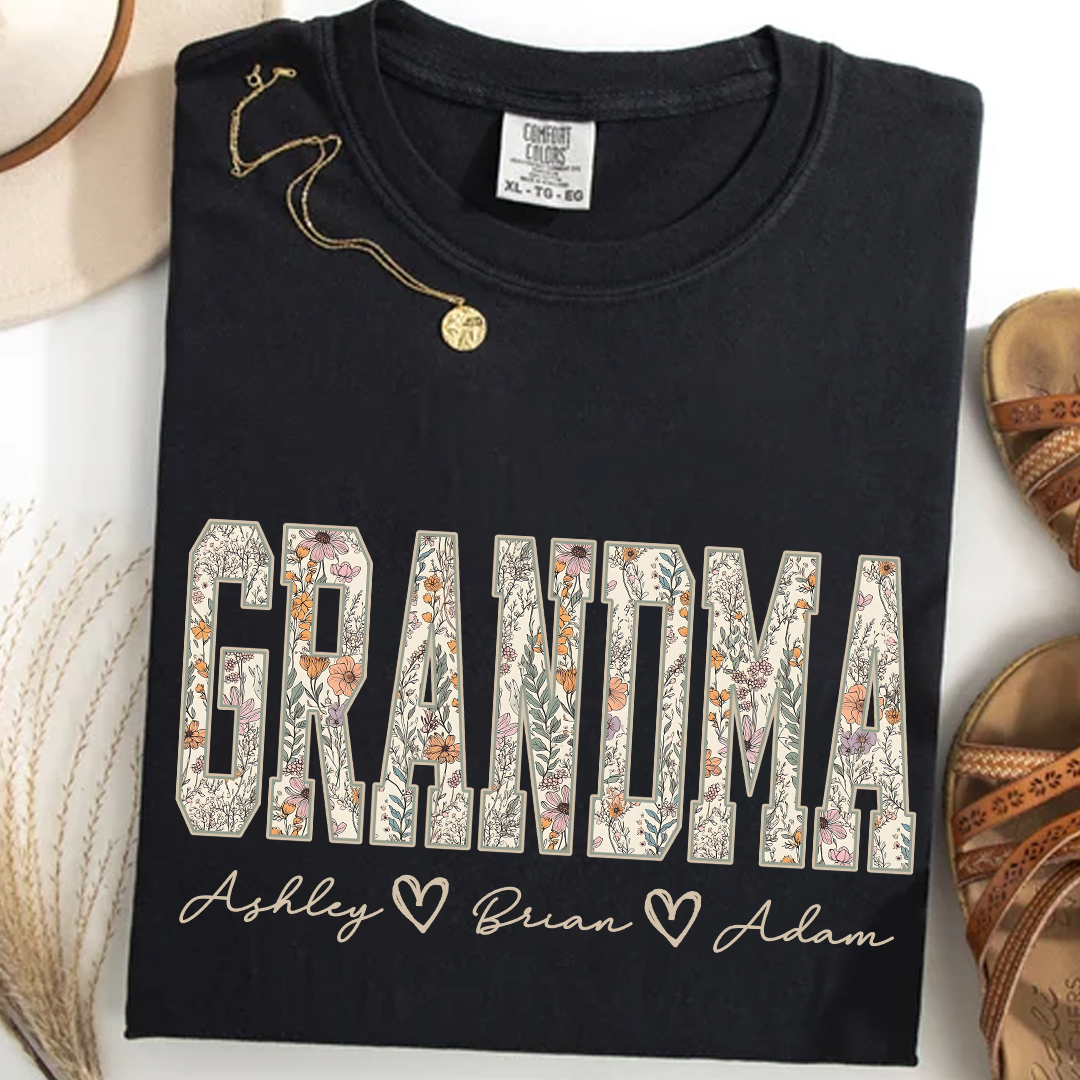 Comfort Colors® Personalized Grandma T-Shirt with Kids Names – Wildflower Letters Gift for Nana, Gigi, Mimi