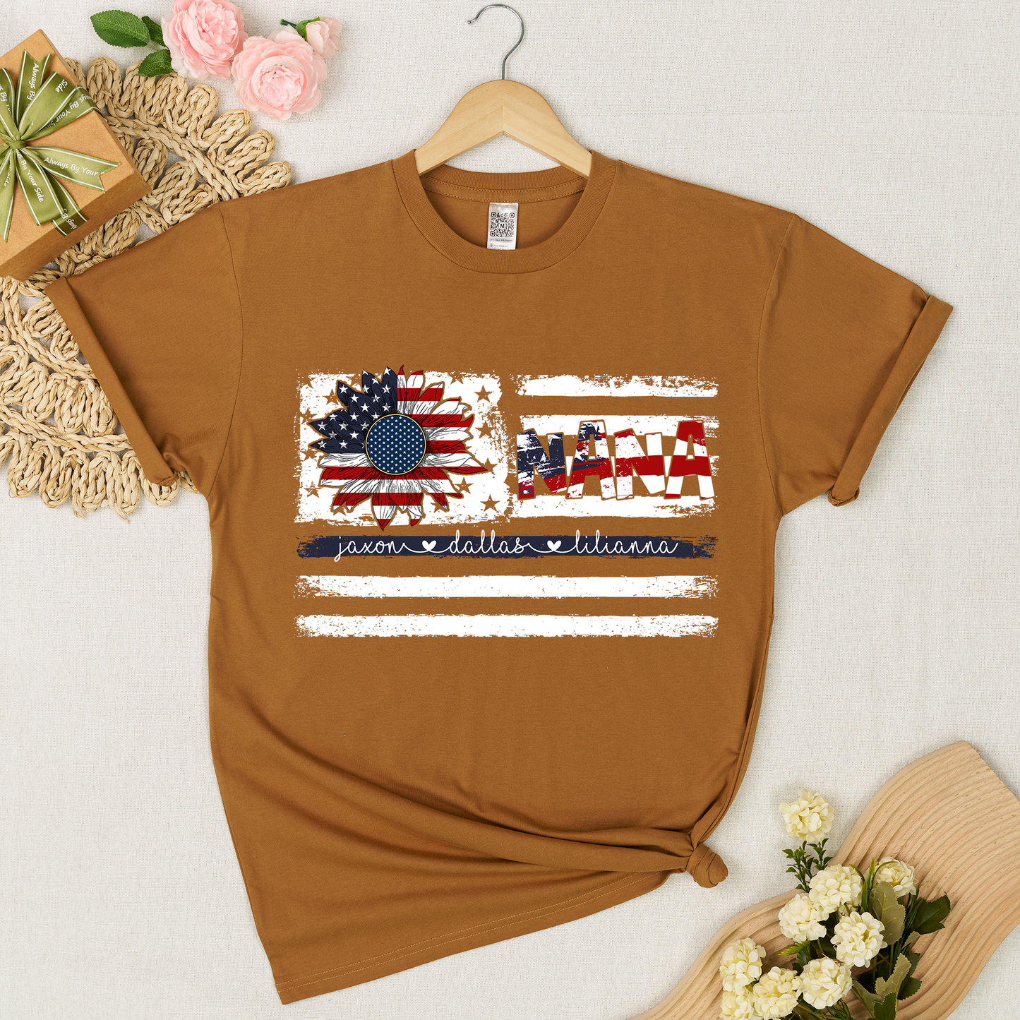 Personalized Nana Shirt with Grandkids Names, American Flag Sunflower Patriotic T-Shirt, Custom Grandma Gif