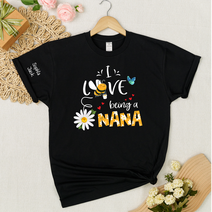 I Love Being a Nana Shirt with Daisy Bee Butterfly, Custom Kids Names T Shirt for Grandma, Cute Floral Nana Gift Top