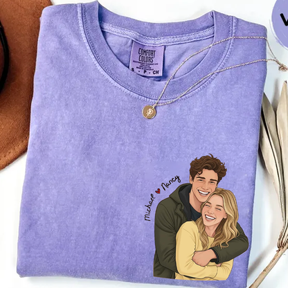 Custom Cartoon Couple Portrait Comfort Colors Shirt, Personalized Photo Illustration T Shirt, Matching Couple Tee with Names, Cute Romantic Outfit for Couples