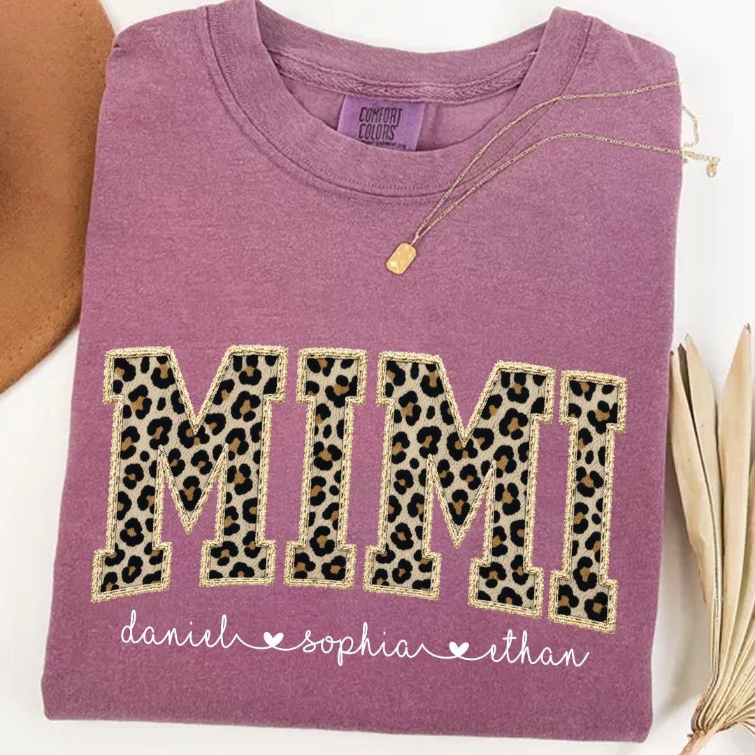 Personalized Mimi Shirt Leopard Print Patchwork Design Custom Grandma Nana Gigi Name Tee with Grandkids Names Trendy Animal Pattern Family Gift for Women