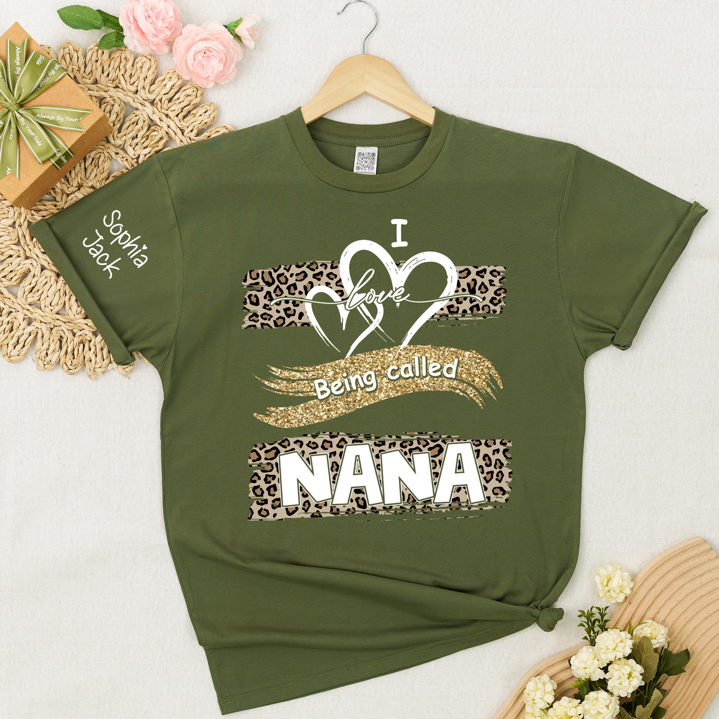 Personalized Nana Shirt Leopard Heart and Glitter Design Custom Grandma Mimi Gigi Name Tee I Love Being Called Nana Family Gift for Her