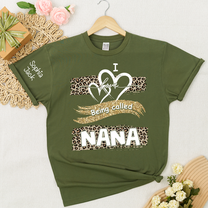 Personalized Nana Shirt Leopard Heart and Glitter Design Custom Grandma Mimi Gigi Name Tee I Love Being Called Nana Family Gift for Her