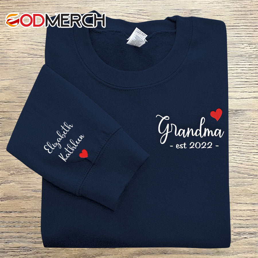 Grandma Est Grandkids Heart Embroidered Sweatshirt