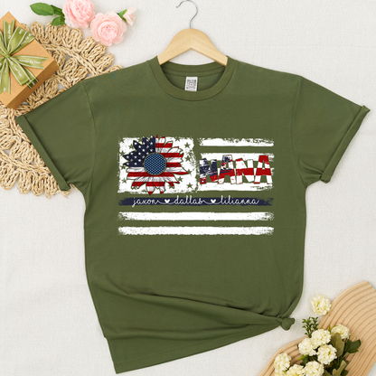 Personalized Nana Shirt with Grandkids Names, American Flag Sunflower Patriotic T-Shirt, Custom Grandma Gif