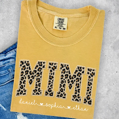 Personalized Mimi Shirt Leopard Print Patchwork Design Custom Grandma Nana Gigi Name Tee with Grandkids Names Trendy Animal Pattern Family Gift for Women