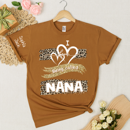 Personalized Nana Shirt Leopard Heart and Glitter Design Custom Grandma Mimi Gigi Name Tee I Love Being Called Nana Family Gift for Her