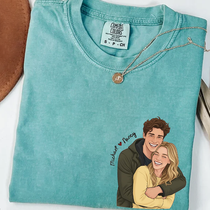 Custom Cartoon Couple Portrait Comfort Colors Shirt, Personalized Photo Illustration T Shirt, Matching Couple Tee with Names, Cute Romantic Outfit for Couples