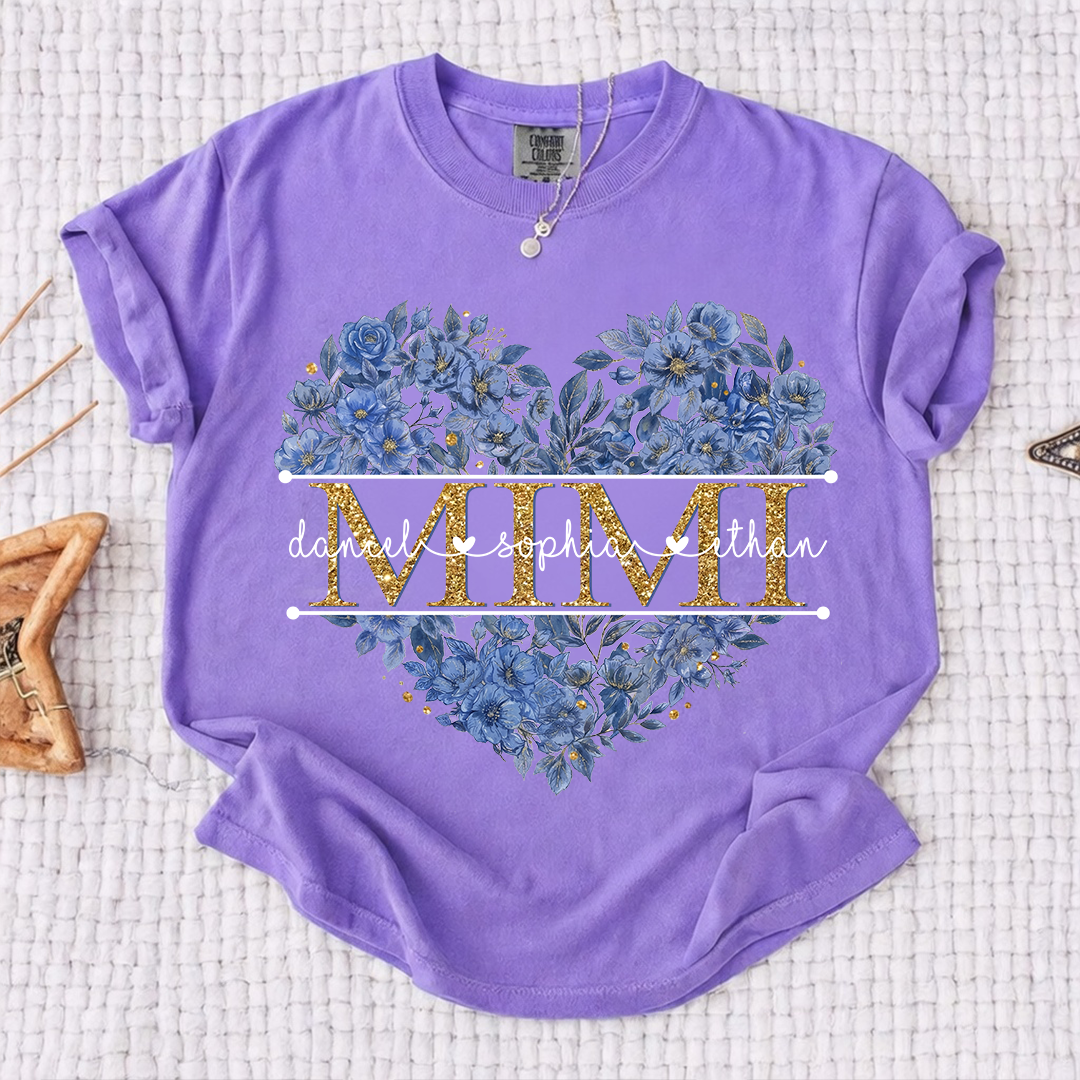 Comfort Personalized Mimi Shirt Blue Floral Heart Design Custom Grandma Nana Gigi Name Tee with Grandkids Names Elegant Family Outfit Gift for Her