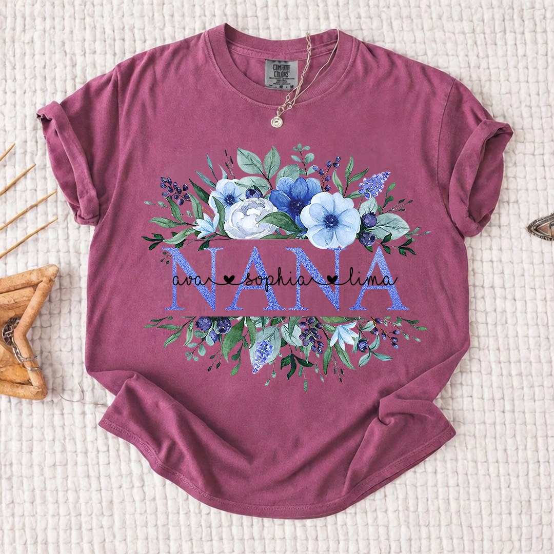 Comfort Colors Personalized Nana T-shirt with Custom Names, Floral Design, Customizable Gift for Nana