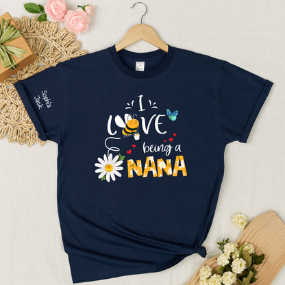 I Love Being a Nana Shirt with Daisy Bee Butterfly, Custom Kids Names T Shirt for Grandma, Cute Floral Nana Gift Top