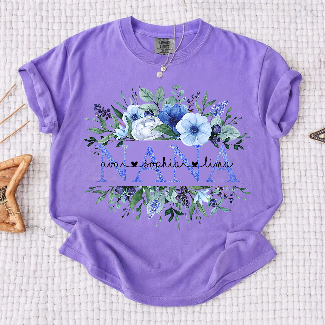 Comfort Colors Personalized Nana T-shirt with Custom Names, Floral Design, Customizable Gift for Nana