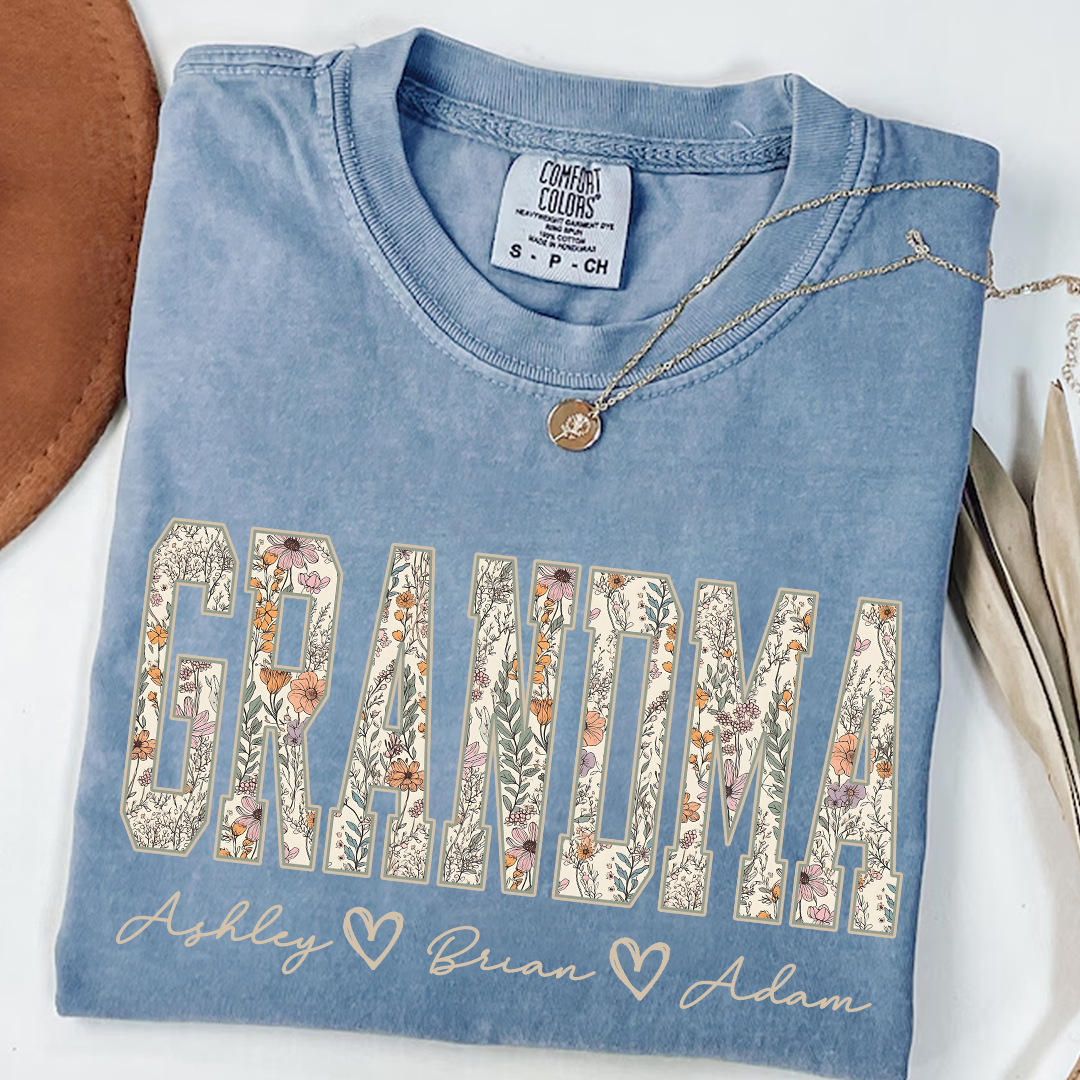 Comfort Colors® Personalized Grandma T-Shirt with Kids Names – Wildflower Letters Gift for Nana, Gigi, Mimi