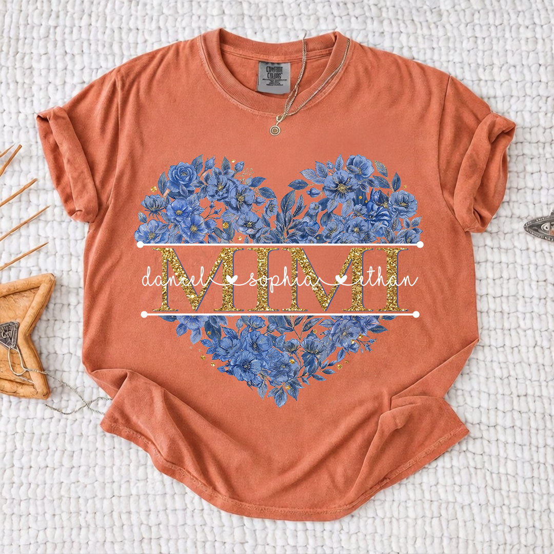 Comfort Personalized Mimi Shirt Blue Floral Heart Design Custom Grandma Nana Gigi Name Tee with Grandkids Names Elegant Family Outfit Gift for Her