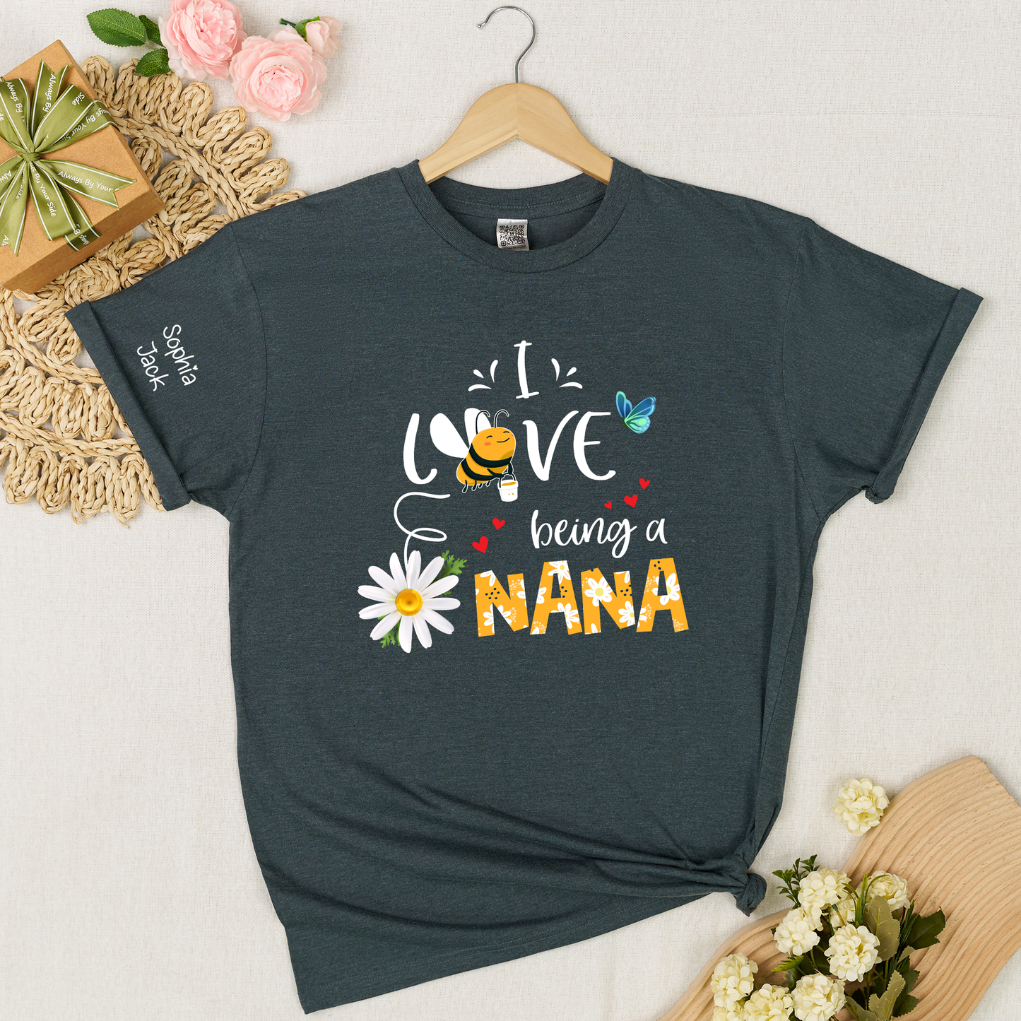 I Love Being a Nana Shirt with Daisy Bee Butterfly, Custom Kids Names T Shirt for Grandma, Cute Floral Nana Gift Top
