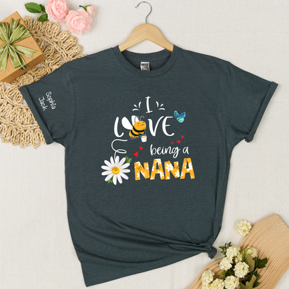 I Love Being a Nana Shirt with Daisy Bee Butterfly, Custom Kids Names T Shirt for Grandma, Cute Floral Nana Gift Top