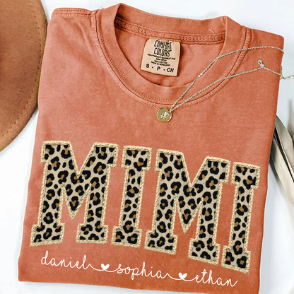 Personalized Mimi Shirt Leopard Print Patchwork Design Custom Grandma Nana Gigi Name Tee with Grandkids Names Trendy Animal Pattern Family Gift for Women