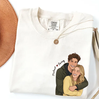 Custom Cartoon Couple Portrait Comfort Colors Shirt, Personalized Photo Illustration T Shirt, Matching Couple Tee with Names, Cute Romantic Outfit for Couples