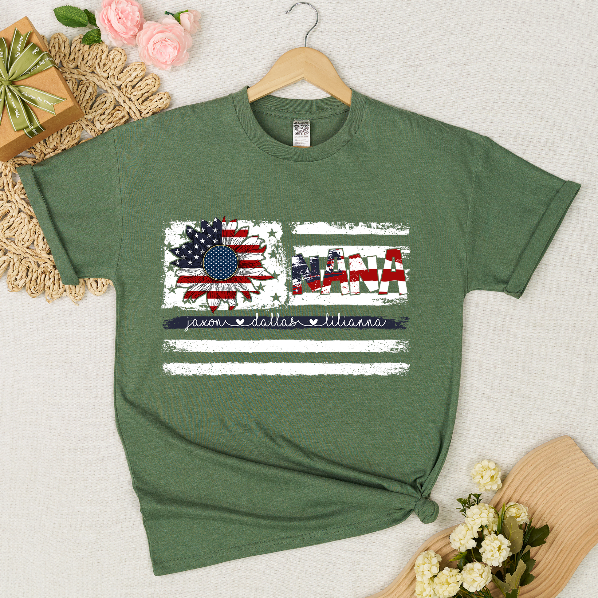 Personalized Nana Shirt with Grandkids Names, American Flag Sunflower Patriotic T-Shirt, Custom Grandma Gif