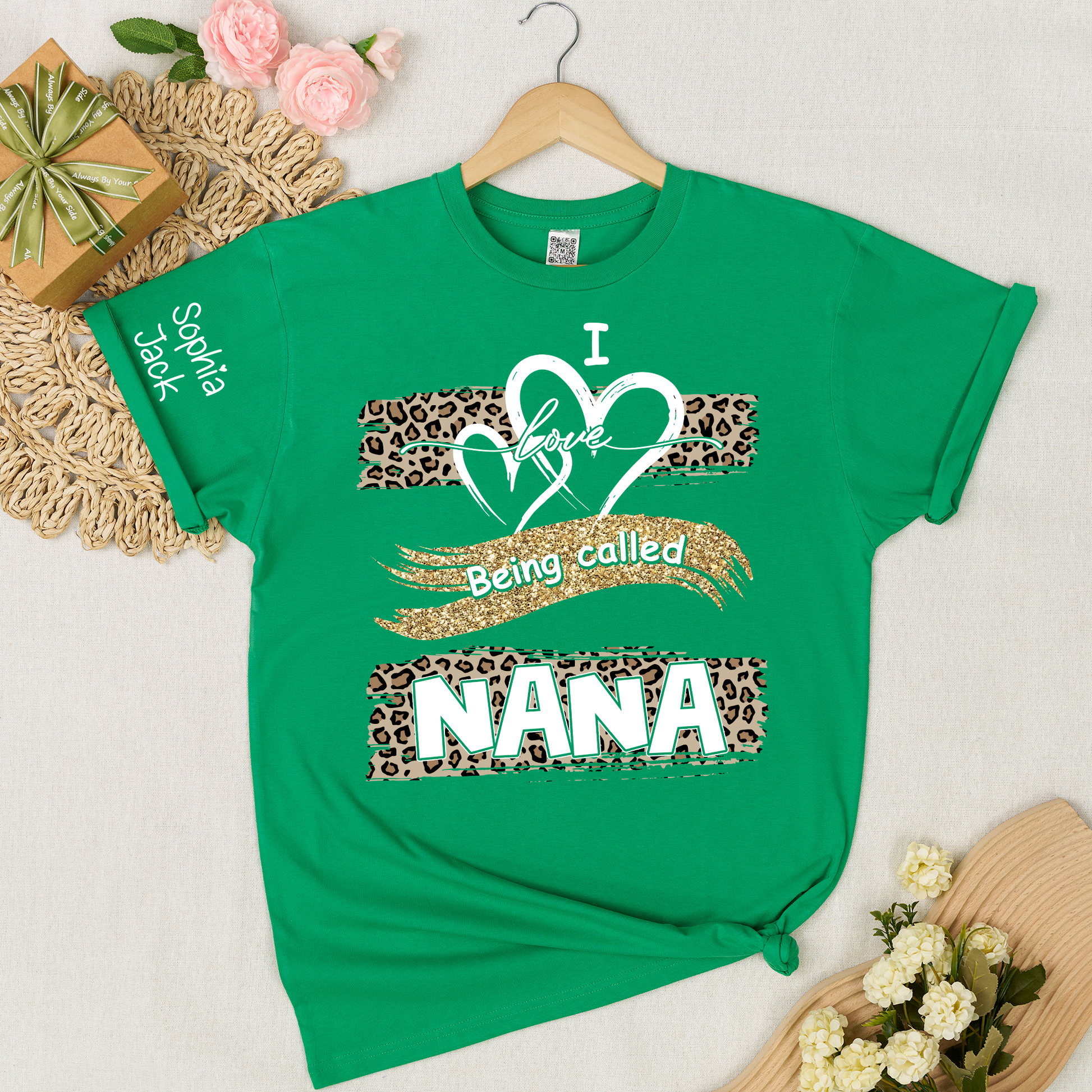 Personalized Nana Shirt Leopard Heart and Glitter Design Custom Grandma Mimi Gigi Name Tee I Love Being Called Nana Family Gift for Her