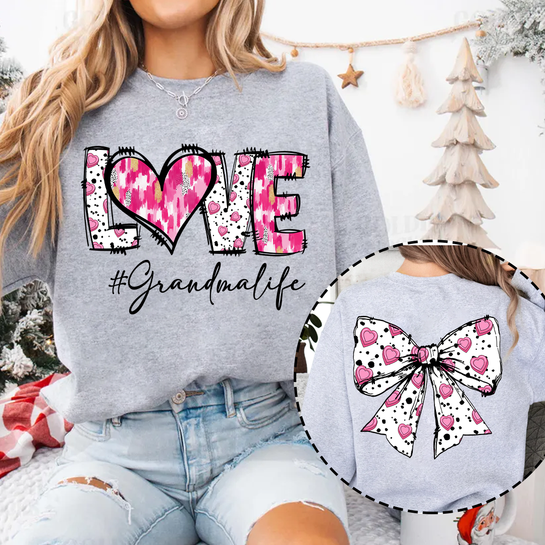 Custom LOVE Grandma Sweatshirt with Pink Heart Bow Design - Personalized with Grandkids' Names - Thoughtful Gift for Grandmothers