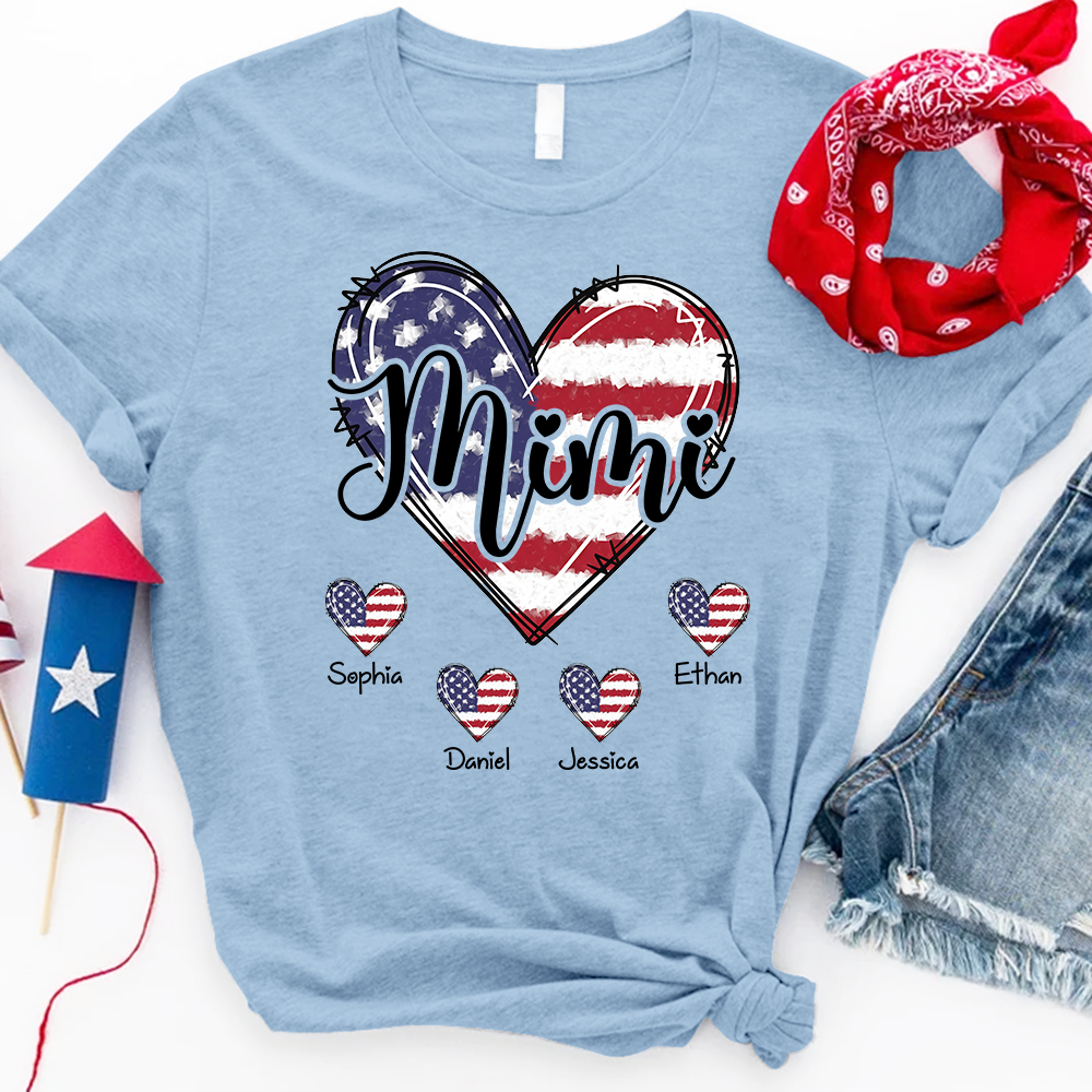 Custom Mimi Shirt with Grandkids Names American Flag Heart Design Personalized Family Name Tee