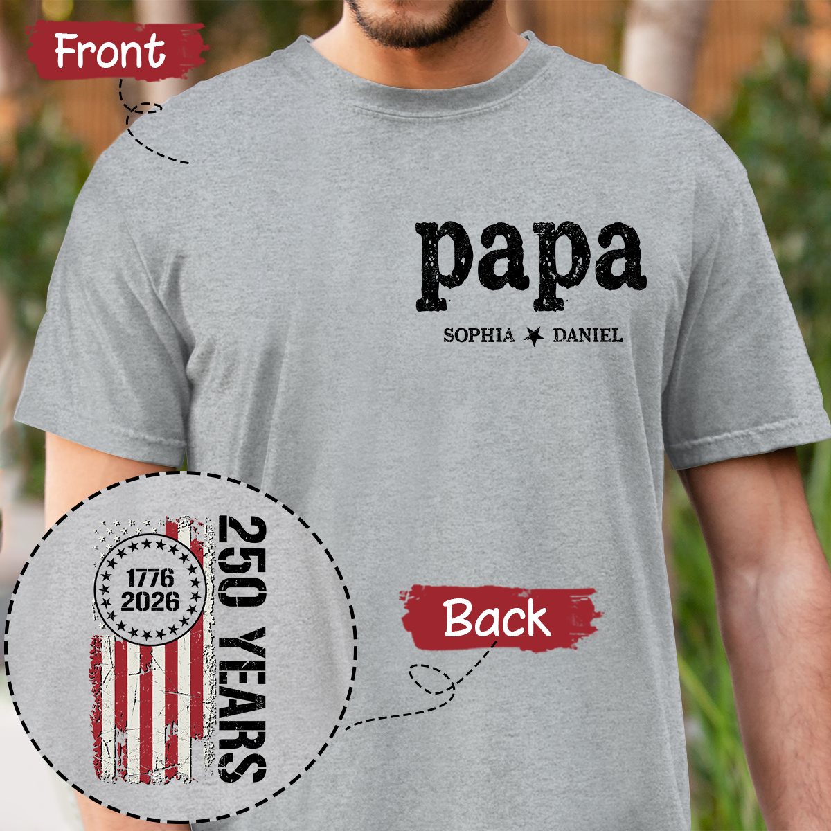 Papa Custom T Shirt, Personalized with Kids Names, Patriotic 250 Years of America Flag Design, Idea for Father’s Day
