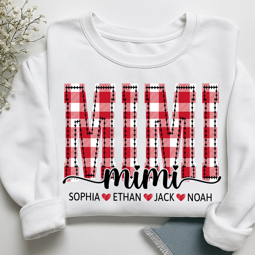 Custom Mimi Sweatshirt, Plaid Christmas Grandma Shirt with Kids Names