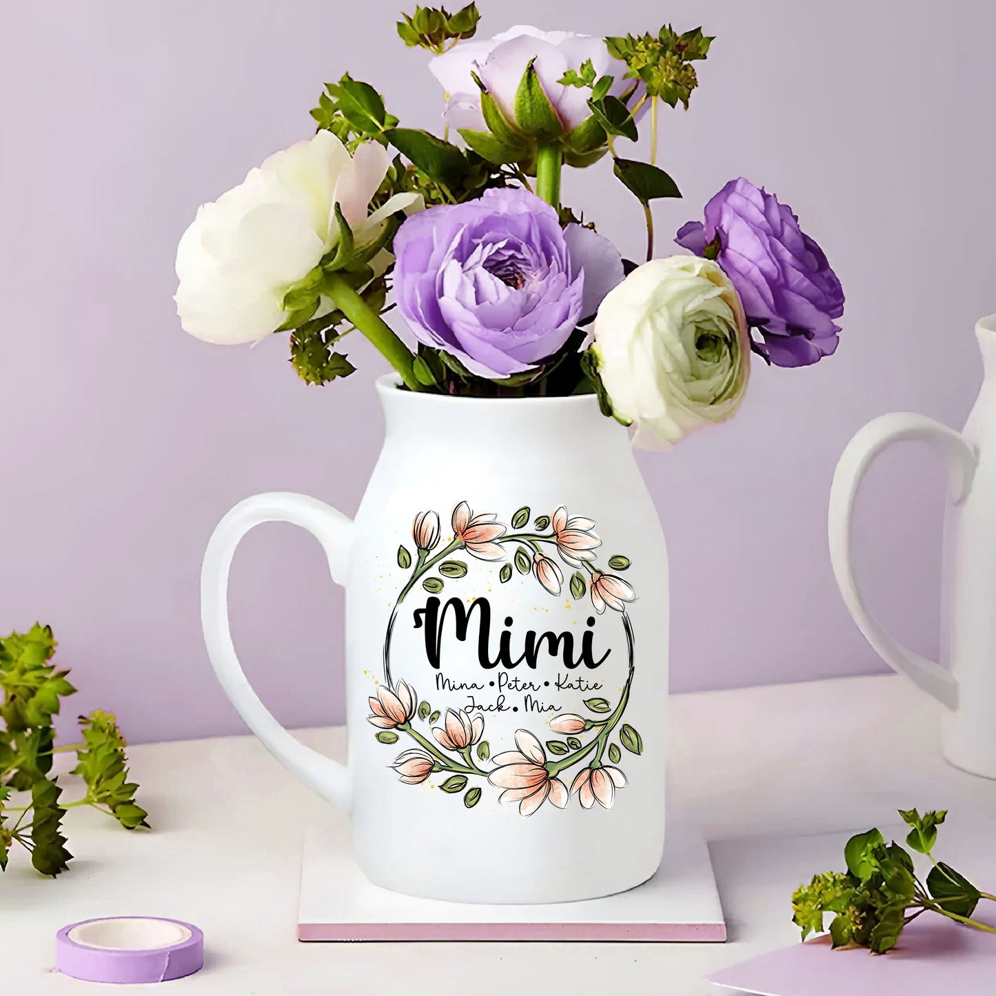 Wreath Given To Mimi And Kids - Custom Home Decoration Flower Vase According To Family Requirements - Warm Gift For Mother's Day, Ceramic Flower Vase