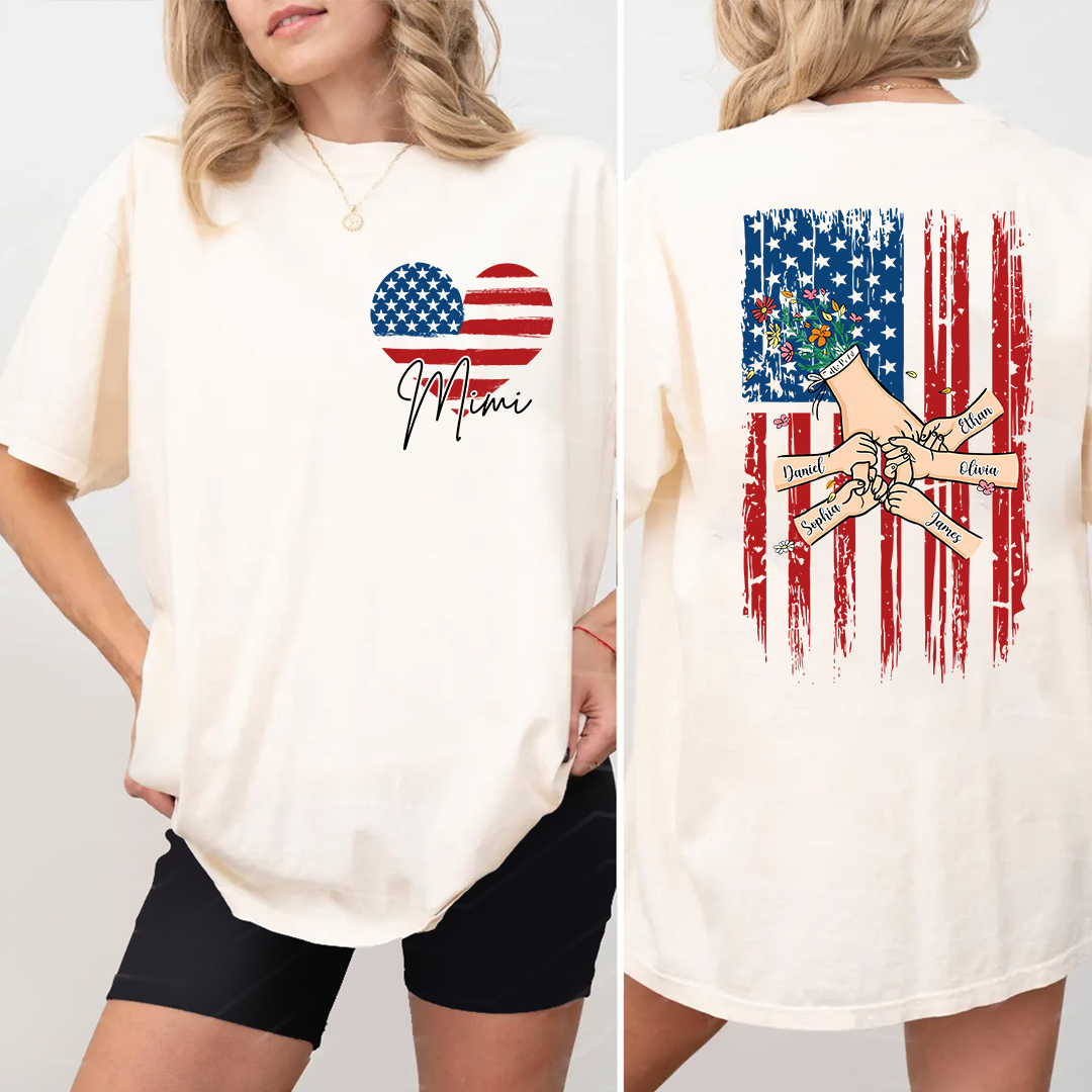 Custom Mimi T Shirt with USA Flag Heart, Personalized Grandma Shirt with Family Names on Back