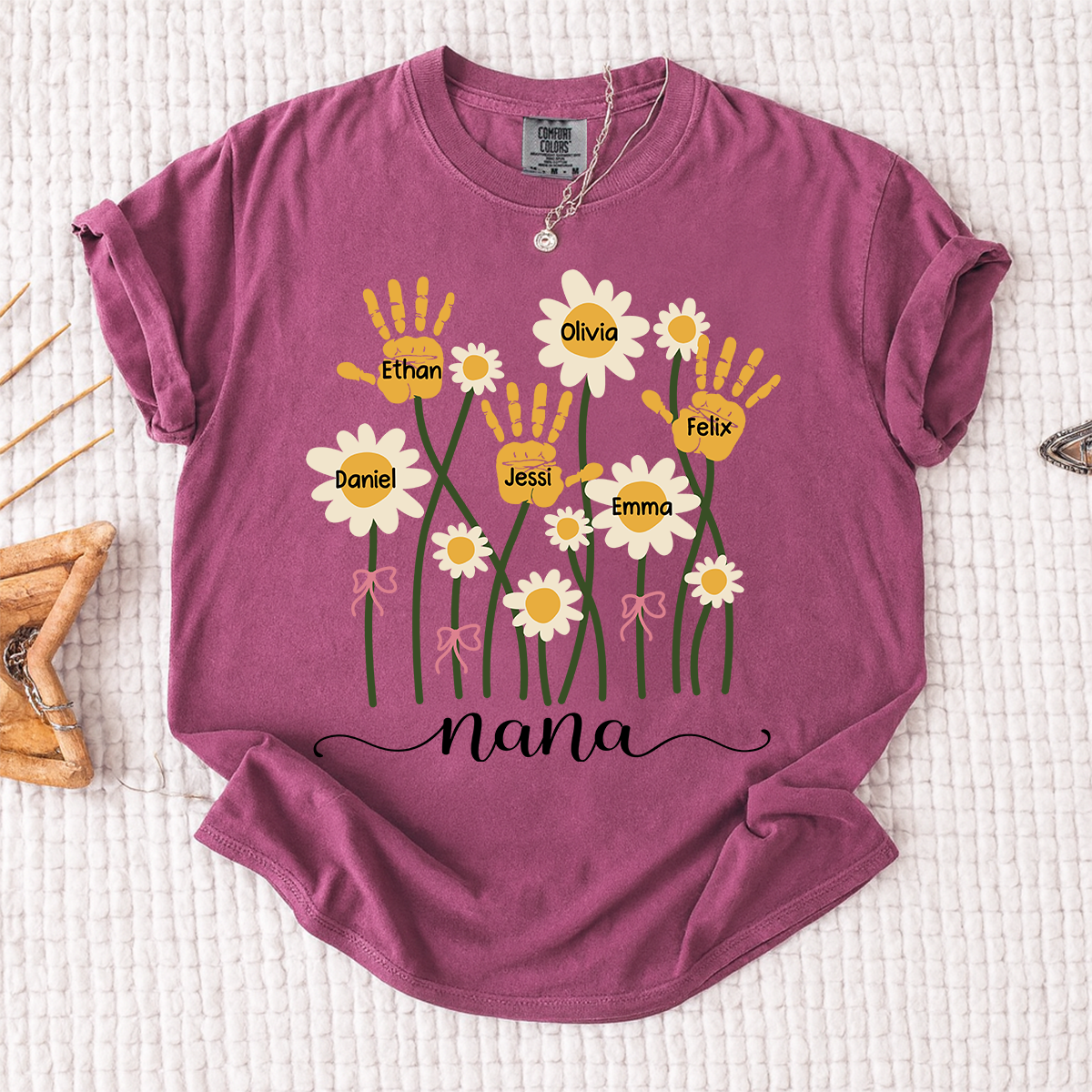 Comfort Colors Personalized Nana Shirt, Custom Handprint Daisy Flower Design, Grandkids Names Tee, Mother's Day Gift for Nana